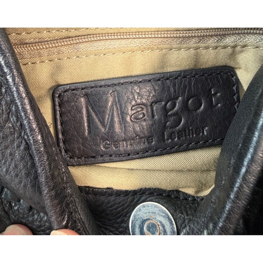Margot Black Pebbled Genuine Leather Fringe Hobo Shoulder Bag Whipstitch Detail - Picture 2 of 6